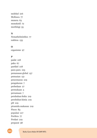 264 Buku Guru Kelas VII SMP/MTs
molekul 216
Mollusca 77
monera 63
monokotil 72
morfologi 55
N
Nemathelminthes 77
nukleus 133
O
organisme 97
P
padat 218
paku 67
partikel 218
paru-paru 103
pemanasan global 157
pemuaian 151
pencemaran 219
pengukuran 7
perbedaan 27
permukaan 3
persamaan 7
perubahan fisika 219
perubahan kimia 219
pH 219
piramida makanan 219
Pisces 83
populasi 217
Porifera 77
Predasi 219
preparat 98
 