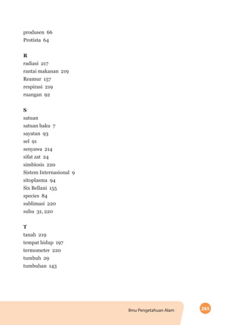 265Ilmu Pengetahuan Alam
produsen 66
Protista 64
R
radiasi 217
rantai makanan 219
Reamur 157
respirasi 219
ruangan 92
S
satuan
satuan baku 7
sayatan 93
sel 91
senyawa 214
sifat zat 24
simbiosis 220
Sistem Internasional 9
sitoplasma 94
Six Bellani 155
species 84
sublimasi 220
suhu 31, 220
T
tanah 219
tempat hidup 197
termometer 220
tumbuh 29
tumbuhan 143
 