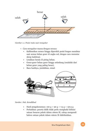 23Ilmu Pengetahuan Alam
benar
salahsalah
Gambar 1.1. Posisi mata saat mengukur
•	 Cara mengukur massa dengan neraca:
•	 Kalibrasikan neraca hingga diperoleh posisi lengan mendatar
saat semua beban geser di angka nol, dengan cara memutar
skrup kalobrasi.
•	 Letakkan benda di piring beban.
•	 Geser-geser beban geser hingga setimbang (mulailah dari
beban geser yang paling besar).
•	 Baca hasilnya, jumlahkan, misal:
Sumber: Dok. Kemdikbud
•	 Hasil pengukurannya: 100 g + 90 g + 7,5 g = 197,5 g
•	 Perhatikan: peserta didik tidak perlu menghafal definisi
satuan besaran pokok dalam sistem SI, cukup mengenali
bahwa satuan pokok dalam sistem SI didefinisikan.
 