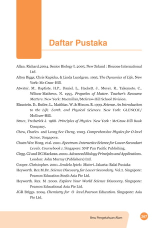 267Ilmu Pengetahuan Alam
Allan. Richard.2004. Senior Biology I. 2005. New Zeland : Biozone International
Ltd.
Alton Biggs, Chris Kapicka, & Linda Lundgren. 1995. The Dynamics of Life. New
York: Mc Graw-Hill.
Atwater. M.. Baptiste. H.P.. Daniel. L.. Hackett. J.. Moyer. R.. Takemoto. C..
Wilson-Mathews. N. 1995. Propeties of Matter. Teacher’s Resource
Matters. New York: Macmillan/McGraw-Hill School Division.
Blaustein. D.. Butler, L.. Matthias. W. & Hixson. B. 1999. Science. An Introduction
to the Life. Earth. and Physical Sciences. New York: GLENCOE/
McGraw-Hill.
Bruce, Fredwrick J. 1988. Principles of Physics. New York : McGraw-Hill Book
Company.
Chew, Charles and Leong See Cheng. 2003. Comprehensive Physics for O level
Scince. Singapore.
Chuen Wee Hong, et al. 2001. Spectrum. Interactive Science for Lower Secondart
Levels. Coursebook 1. Singapore: SNP Pan Pacific Publishing.
Clegg. CJ and DG Mackean. 2000. Advanced Biology Principles and Applications.
London: John Murray (Publishers) Ltd.
Cooper. Christopher. 2001. Jendela Iptek: Materi. Jakarta: Balai Pustaka
Heyworth. Rex M.Dr. Science Discovery for Lower Secondary. Vol.2. Singapore:
Pearson Education South Asia Pte Ltd.
Heyworth. Rex. M .2000. Explore Your World Science Discovery. Singapore:
Pearson Educational Asia Pte Ltd.
JGR Briggs. 2004. Chemistry for O level.Pearson Education. Singapore: Asia
Pte Ltd.
Daftar Pustaka
 