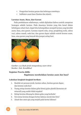 54 Buku Guru Kelas VII SMP/MTs
•	 Pengertian larutan garam dan beberapa contohnya.
•	 Indikator asam basa (buatan dan alami).
Larutan Asam, Basa, dan Garam
Pada pembahasan sebelumnya, sudah dijelaskan bahwa contoh campuran
homogen adalah larutan. Pada dasarnya larutan yang kita kenal dalam
kehidupan sehari-hari, dapat kita kelompokkan menjadi larutan yang bersifat
asam, basa, atau garam. Larutan seperti cuka, sirop, penghilang noda, sabun
cuci, sabun mandi, soda kue, dan garam dapur adalah contoh larutan asam,
basa, atau garam yang banyak kita jumpai setiap hari.
Gambar 2.12 Buah jeruk mengandung asam sitrat
Sumber: Dok. Kemdikbud
Kegiatan Peserta didik:
				 Bagaimana membedakan larutan asam dan basa?
Lakukan langkah-langkah berikut:
1.	 Buatlah air perasan jeruk, larutan sabun, larutan garam dapur,
dan larutan soda kue!
2.	 Tuang setiap larutan dalam gelas kimia/gelas plastik (kemasan air
mineral) yang sudah tidak terpakai!
3.	 Setiap larutan dituang ke dalam gelas yang berbeda!
4.	 Uji semua larutan dengan kertas lakmus merah dan biru!
5.	 Amati dan catat apa yang terjadi pada kertas lakmus!
 