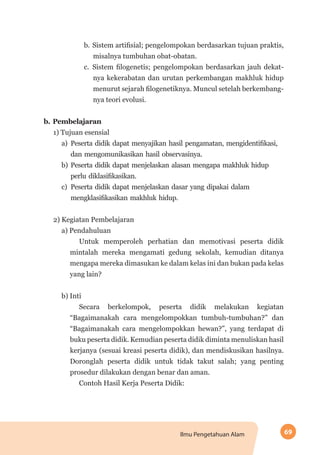 69Ilmu Pengetahuan Alam
b.	Sistem artifisial; pengelompokan berdasarkan tujuan praktis,
misalnya tumbuhan obat-obatan.
c.	 Sistem filogenetis; pengelompokan berdasarkan jauh dekat-
nya kekerabatan dan urutan perkembangan makhluk hidup
menurut sejarah filogenetiknya. Muncul setelah berkembang-
nya teori evolusi.
b. Pembelajaran
1) Tujuan esensial
a)	 Peserta didik dapat menyajikan hasil pengamatan, mengidentifikasi,
dan mengomunikasikan hasil observasinya.
b)	 Peserta didik dapat menjelaskan alasan mengapa makhluk hidup
perlu diklasifikasikan.
c)	 Peserta didik dapat menjelaskan dasar yang dipakai dalam
mengklasifikasikan makhluk hidup.
2) Kegiatan Pembelajaran
a) Pendahuluan
Untuk memperoleh perhatian dan memotivasi peserta didik
mintalah mereka mengamati gedung sekolah, kemudian ditanya
mengapa mereka dimasukan ke dalam kelas ini dan bukan pada kelas
yang lain?
b) Inti
Secara berkelompok, peserta didik melakukan kegiatan
“Bagaimanakah cara mengelompokkan tumbuh-tumbuhan?” dan
“Bagaimanakah cara mengelompokkan hewan?”, yang terdapat di
buku peserta didik. Kemudian peserta didik diminta menuliskan hasil
kerjanya (sesuai kreasi peserta didik), dan mendiskusikan hasilnya.
Doronglah peserta didik untuk tidak takut salah; yang penting
prosedur dilakukan dengan benar dan aman.
Contoh Hasil Kerja Peserta Didik:
 