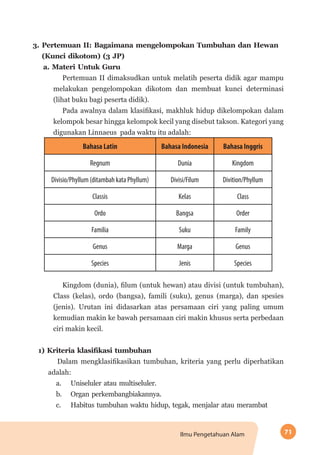 71Ilmu Pengetahuan Alam
3.	Pertemuan II: Bagaimana mengelompokan Tumbuhan dan Hewan
(Kunci dikotom) (3 JP)
a. Materi Untuk Guru
Pertemuan II dimaksudkan untuk melatih peserta didik agar mampu
melakukan pengelompokan dikotom dan membuat kunci determinasi
(lihat buku bagi peserta didik).
Pada awalnya dalam klasifikasi, makhluk hidup dikelompokan dalam
kelompok besar hingga kelompok kecil yang disebut takson. Kategori yang
digunakan Linnaeus pada waktu itu adalah:
Bahasa Latin Bahasa Indonesia Bahasa Inggris
Regnum Dunia Kingdom
Divisio/Phyllum (ditambah kata Phyllum) Divisi/Filum Divition/Phyllum
Classis Kelas Class
Ordo Bangsa Order
Familia Suku Family
Genus Marga Genus
Species Jenis Species
Kingdom (dunia), filum (untuk hewan) atau divisi (untuk tumbuhan),
Class (kelas), ordo (bangsa), famili (suku), genus (marga), dan spesies
(jenis). Urutan ini didasarkan atas persamaan ciri yang paling umum
kemudian makin ke bawah persamaan ciri makin khusus serta perbedaan
ciri makin kecil.
1) Kriteria klasifikasi tumbuhan
Dalam mengklasifikasikan tumbuhan, kriteria yang perlu diperhatikan
adalah:
a.	 Uniseluler atau multiseluler.
b.	 Organ perkembangbiakannya.
c.	 Habitus tumbuhan waktu hidup, tegak, menjalar atau merambat
 
