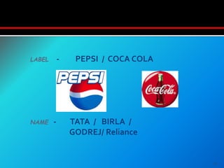 LABEL - PEPSI / COCA COLA
NAME - TATA / BIRLA /
GODREJ/ Reliance
17
Trademark
 
