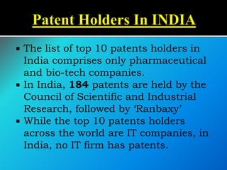  The list of top 10 patents holders in
India comprises only pharmaceutical
and bio-tech companies.
 In India, 184 patents are held by the
Council of Scientific and Industrial
Research, followed by ‘Ranbaxy’
 While the top 10 patents holders
across the world are IT companies, in
India, no IT firm has patents.
 