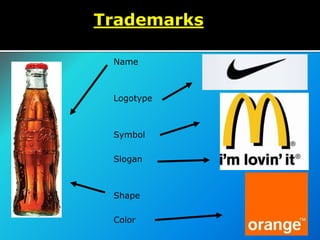 Trademarks
Name
Logotype
Symbol
Slogan
Shape
Color
 