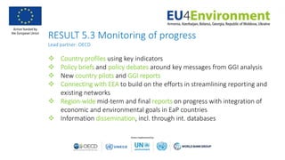 RESULT 5.3 Monitoring of progress
Lead partner: OECD
 Country profiles using key indicators
 Policy briefs and policy debates around key messages from GGI analysis
 New country pilots and GGI reports
 Connecting with EEA to build on the efforts in streamlining reporting and
existing networks
 Region-wide mid-term and final reports on progress with integration of
economic and environmental goals in EaP countries
 Information dissemination, incl. through int. databases
 
