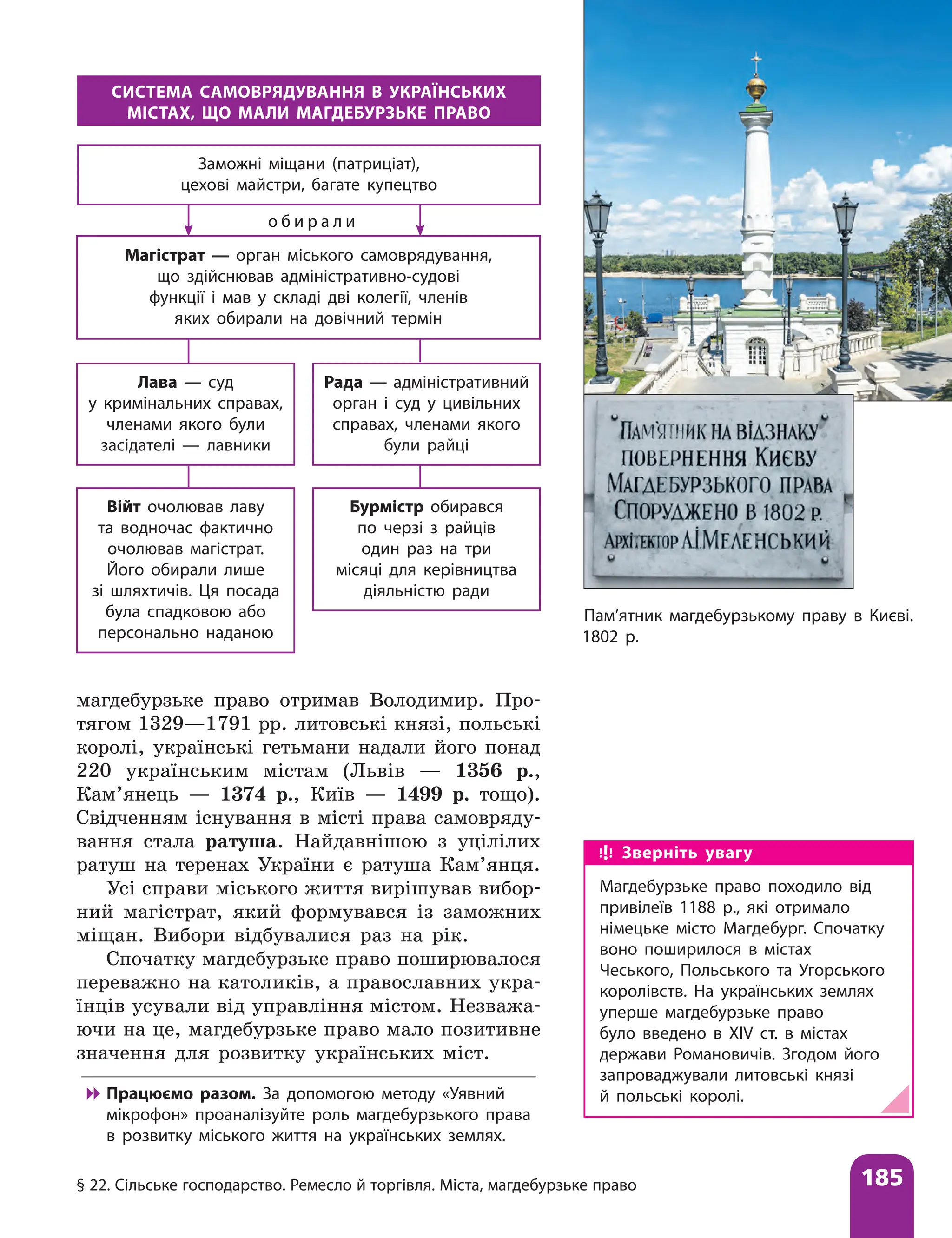 § 22. Сільське господарство. Ремесло й торгівля. Міста, магдебурзьке право 185
магдебурзьке право отримав Володимир. Про-
тягом 1329—1791 рр. литовські князі, польські
королі, українські гетьмани надали його понад
220 українським містам (Львів — 1356 р.,
Кам’янець — 1374 р., Київ — 1499 р. тощо).
Свідченням існування в місті права самовряду-
вання стала ратуша. Найдавнішою з уцілілих
ратуш на теренах України є ратуша Кам’янця.
Усі справи міського життя вирішував вибор-
ний магістрат, який формувався із заможних
міщан. Вибори відбувалися раз на рік.
Спочатку магдебурзьке право поширювалося
переважно на католиків, а православних укра-
їнців усували від управління містом. Незважа-
ючи на це, магдебурзьке право мало позитивне
значення для розвитку українських міст.

 Працюємо разом. За допомогою методу «Уявний
мікрофон» проаналізуйте роль магдебурзького права
в розвитку міського життя на українських землях.
Пам’ятник магдебурзькому праву в Києві.
1802 р.
Зверніть увагу
Магдебурзьке право походило від
привілеїв 1188 р., які отримало
німецьке місто Магдебург. Спочатку
воно поширилося в містах
Чеського, Польського та Угорського
королівств. На українських землях
уперше магдебурзьке право
було введено в XIV ст. в містах
держави Романовичів. Згодом його
запроваджували литовські князі
й польські королі.
Заможні міщани (патриціат),
цехові майстри, багате купецтво
Магістрат — орган міського самоврядування,
що здійснював адміністративно-судові
функції і мав у складі дві колегії, членів
яких обирали на довічний термін
Бурмістр обирався
по черзі­ з райців
один раз на три
місяці для керівництва
діяльністю ради
Війт очолював лаву
та водночас фактично
очолював магістрат.
Його обирали лише
зі шляхтичів. Ця посада
була спадковою або
персонально наданою
СИСТЕМА САМОВРЯДУВАННЯ В УКРАЇНСЬКИХ
МІСТАХ, ЩО МАЛИ МАГДЕБУРЗЬКЕ ПРАВО
о б и р а л и
Лава — суд
у кримінальних справах,
членами якого були
засідателі — ­
лавники
Рада — адміністративний
орган і суд у цивільних
справах, членами якого
були райці
 