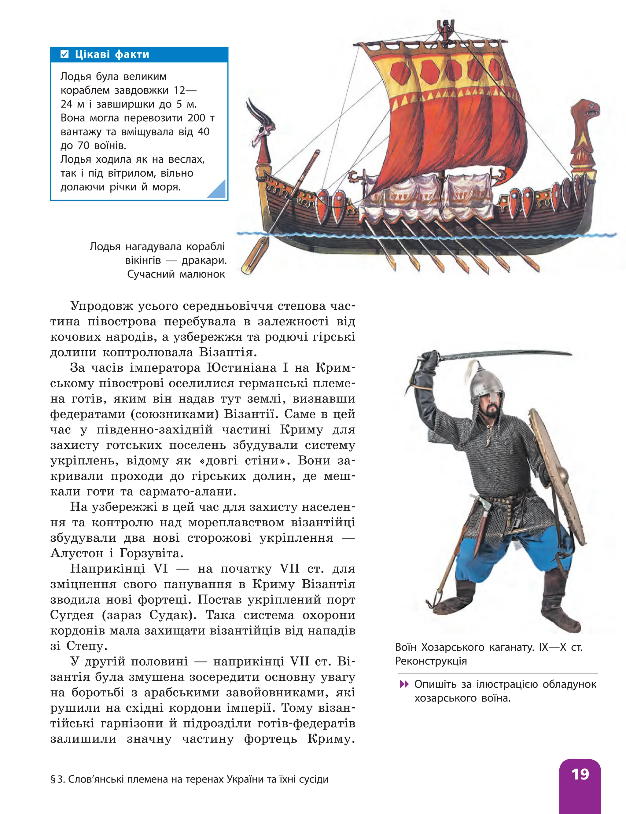 §3. Слов’янські племена на теренах України та їхні сусіди 19
Упродовж усього середньовіччя степова час-
тина півострова перебувала в залежності від
кочових народів, а узбережжя та родючі гірські
долини контролювала Візантія.
За часів імператора Юстиніана І на Крим-
ському півострові оселилися германські племе-
на готів, яким він надав тут землі, визнавши
федератами (союзниками) Візантії. Саме в цей
час у південно-західній частині Криму для
захисту готських поселень збудували систему
укріплень, відому як «довгі стіни». Вони за-
кривали проходи до гірських долин, де меш-
кали готи та сармато-алани.
На узбережжі в цей час для захисту населен-
ня та контролю над мореплавством візантійці
збудували два нові сторожові укріплення —
Алустон і Горзувіта.
Наприкінці VІ — на початку VІІ ст. для
зміцнення свого панування в Криму Візантія
зводила нові фортеці. Постав укріплений порт
Сугдея (зараз Судак). Така система охорони
кордонів мала захищати візантійців від нападів
зі Степу.
У другій половині — наприкінці VІІ ст. Ві-
зантія була змушена зосередити основну увагу
на боротьбі з арабськими завойовниками, які
рушили на східні кордони імперії. Тому візан-
тійські гарнізони й підрозділи готів-федератів
залишили значну частину фортець Криму.
Лодья нагадувала кораблі
вікінгів — дракари.
Сучасний малюнок
Цікаві факти
Лодья була великим
кораблем завдовжки 12—
24 м і завширшки до 5 м.
Вона могла перевозити 200 т
вантажу та вміщувала від 40
до 70 воїнів.
Лодья ходила як на веслах,
так і під вітрилом, вільно
долаючи річки й моря.
Воїн Хозарського каганату. ІХ—Х ст.
Реконструкція

 Опишіть за ілюстрацією обладунок
хозарського воїна.
 