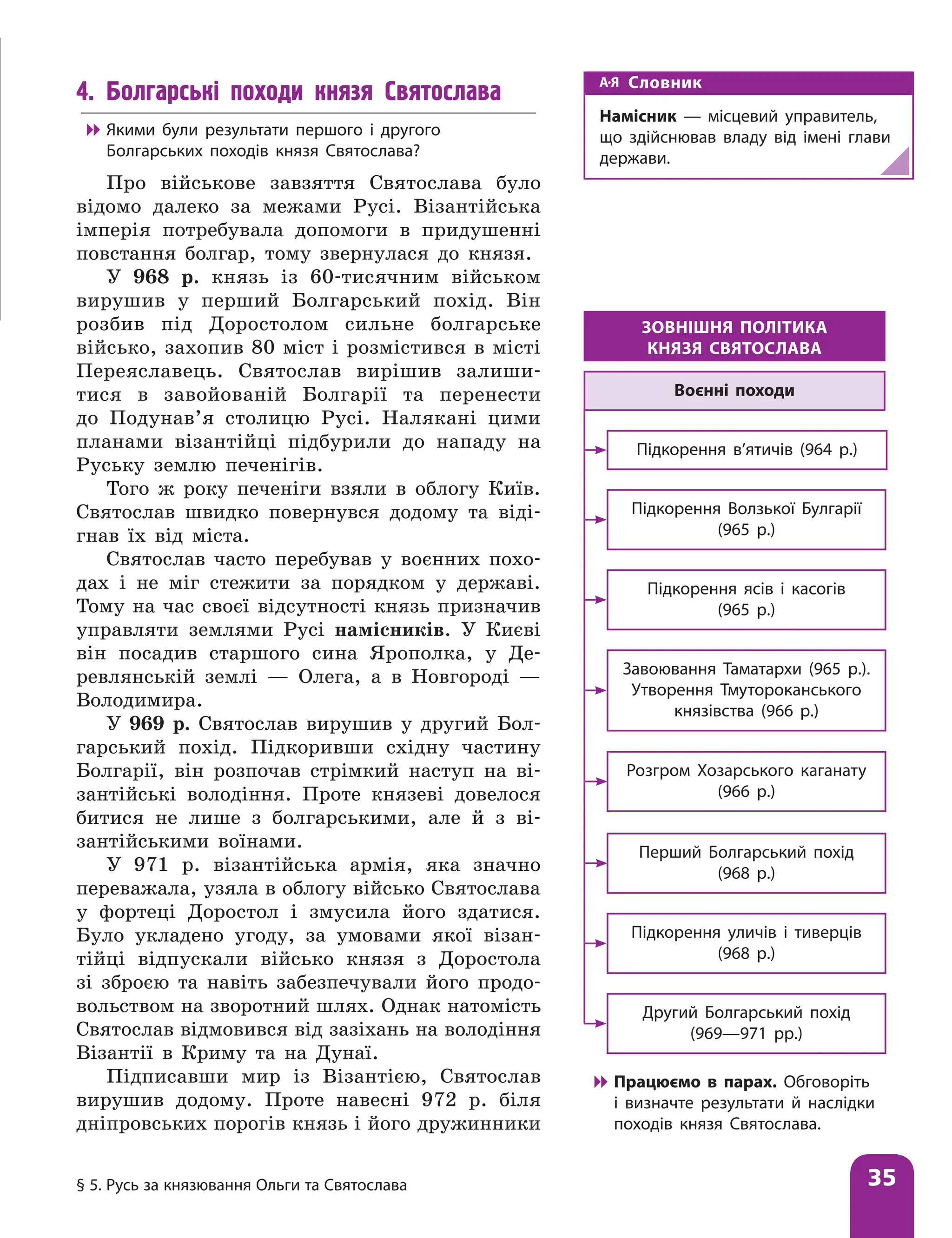 § 5. Русь за князювання Ольги та Святослава 35
4. Болгарські походи князя Святослава

 Якими були результати першого і другого
Болгарських походів князя Святослава?
Про військове завзяття Святослава було
відомо далеко за межами Русі. Візантійська
імперія потребувала допомоги в придушенні
повстання болгар, тому звернулася до князя.
У 968 р. князь із 60-тисячним військом
вирушив у перший Болгарський похід. Він
розбив під Доростолом сильне болгарське
військо, захопив 80 міст і розмістився в місті
Перея­
славець. Святослав вирішив залиши-
тися в завойованій Болгарії та перенести
до Подунав’я столицю Русі. Налякані цими
планами візантійці підбурили до нападу на
Руську землю печенігів.
Того ж року печеніги взяли в облогу Київ.
Святослав швидко повернувся додому та віді-
гнав їх від міста.
Святослав часто перебував у воєнних похо-
дах і не міг стежити за порядком у державі.
Тому на час своєї відсутності князь призначив
управляти землями Русі намісників. У Києві
він посадив старшого сина Ярополка, у Де-
ревлянській землі — Олега, а в Новгороді —
Володимира.
У 969 р. Святослав вирушив у другий Бол-
гарський похід. Підкоривши східну частину
Болгарії, він розпочав стрімкий наступ на ві-
зантійські володіння. Проте князеві довелося
битися не лише з болгарськими, але й з ві-
зантійськими воїнами.
У 971 р. візантійська армія, яка значно
переважала, узяла в облогу військо Святослава
у фортеці Доростол і змусила його здатися.
Було укладено угоду, за умовами якої візан-
тійці відпускали військо князя з Доростола
зі зброєю та навіть забезпечували його продо-
вольством на зворотний шлях. Однак натомість
Святослав відмовився від зазіхань на володіння
Візантії в Криму та на Дунаї.
Підписавши мир із Візантією, Святослав
вирушив додому. Проте навесні 972 р. біля
дніпровських порогів князь і його дружинники
ЗОВНІШНЯ ПОЛІТИКА
КНЯЗЯ СВЯТОСЛАВА
Завоювання Таматархи (965 р.).
Утворення Тмутороканського
князівства (966 р.)
Підкорення в’ятичів (964 р.)
Воєнні походи
Підкорення Волзької Булгарії
(965 р.)
Перший Болгарський похід
(968 р.)
Розгром Хозарського каганату
(966 р.)
Підкорення ясів і касогів
(965 р.)
Другий Болгарський похід
(969—971 рр.)
Підкорення уличів і тиверців
(968 р.)

 Працюємо в парах. Обговоріть
і визначте результати й наслідки
походів князя Святослава.
Словник
Намісник — місцевий управитель,
що здійснював владу від імені глави
держави.
 