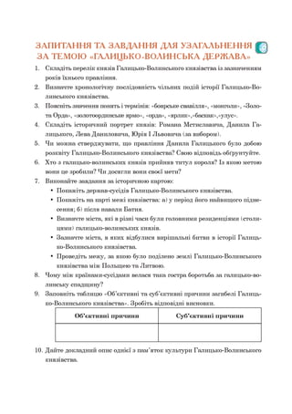 1. Складіть перелік князів Галицько-Волинського князівства із зазначенням
років їхнього правління.
2. Визначте хронологічну послідовність чільних подій історії Галицько-Во­
линського князівства.
3. Поясніть значення понять і термінів: «боярське свавілля», «монголи», «Золо­
та Орда», «золотоординське ярмо», «орда», «ярлик»,«баскак»,«улус».
4. Складіть історичний портрет князів: Романа Мстиславича, Данила Га­
лицького, Лева Даниловича, Юрія І Львовича (за вибором).
5. Чи можна стверджувати, що правління Данила Галицького було добою
розквіту Галицько-Волинського князівства? Свою відповідь обґрунтуйте.
6. Хто з галицько-волинських князів прийняв титул короля? Із якою метою
вони це зробили? Чи досягли вони своєї мети?
7. Виконайте завдання за історичною картою:
• Покажіть держав-сусідів Галицько-Волинського князівства.
• Покажіть на карті межі князівства: а) у період його найвищого підне­
сення; б) після навали Батия.
• Визначте міста, які в різні часи були головними резиденціями (столи­
цями) галицько-волинських князів.
• Зазначте міста, в яких відбулися вирішальні битви в історії Галиць­
ко-Волинського князівства.
• Проведіть межу, за якою було поділено землі Галицько-Волинського
князівства між Польщею та Литвою.
8. Чому між країнами-сусідами велася така гостра боротьба за галицько-во­
линську спадщину?
9. Заповніть таблицю «Об’єктивні та суб’єктивні причини загибелі Галиць­
ко-Волинського князівства». Зробіть відповідні висновки.
ЗАПИТАННЯ ТА ЗАВДАН Н Я ДЛЯ УЗАГАЛЬНЕННЯ
З А ТЕМОЮ «ГАЛИЦЬКО-ВОЛИНСЬКА ДЕРЖ АВА»
Об’єктивні причини Суб’єктивні причини
10. Дайте докладний опис однієї з пам’яток культури Галицько-Волинського
князівства.
 