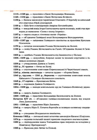 268 Додатки
1113—1125 рр. —правління вКиєві Володимира Мономаха.
1125—1132 рр. —правління вКиєві МстиславаВеликого.
1139 р. —КиєвомзаволоділичернігівськіОльговпчі. Уборотьбузакиївський
стіл втрутився ЮрійДовгорукий.
1169 р. —Київ булосплюндрованоАндріємВоголюбськіш.
1185 р. —невдалийпохідІгоряСвятославичапротиполовців, якийставпри­
водомдо написання«Словаополку Ігоревім».
1187 р. —першазгадкав.літописахназви«Україна».
1141 р. —об’єднання Галицькоїземлі ВолоднмиркомВолодаревичем.
1152—1187 рр. —зміцнення Галицького князівства за правління Ярослава
Осмомнсла.
1170 р. —початоккнязювання Романа Мстнславича на Волині.
1199 р. —похід Романа Мстнславича на Галич. Об’єднання Волині й Гали­
чини.
1205 р. —загибель РоманаМстнславичапідЗавпхвостом5'Польщі.
1206—1238 рр. —міжусобиці, боярські змови та іноземне втручання в га­
лицько-волинські справи.
1238 р. —утвердженняДанила вГаличі.
1223 р., 31 травня —битвана Калці.
1239 р. —спустошеннямонголами Переяславської йЧернігівської земель.
1240 р., кінець листопада —початокгрудня—оборонаКиєва.
1240 р., грудень — 1241 р., березень —спустошення монголами земель
Київськогоі Галицько-Волинськогокнязівств.
1245 р., 17 серпня —Ярославськабитва
1253 р. —коронаціяДанила Галицького.
1254—1259 рр. —нападимонгольськихорд на Галицько-Волинськудержа­
ву.
1264 р. —смертьДанилаГалицького.
1269—1288 рр. —правління Володимира Васильковича на Волині.
Початок XIV ст. — об'єднання галицько-волинських земель під владою
ЛеваДаниловича.
1301—1308 рр. —правління ЮріяЛьвовича
1340 р. —смертьЮрія1LПочатокборотьбиза галицько-волинськуспадщи­
ну.
1359 р. —утворенняМолдавськогокнязівства
Близько 1362 р. —литовськікнязіостаточнозаволоділиКиєвомі1Іоділлям.
1374 р. —надання польськійшляхті привілеюспадковогоземлеволодіння.
1380 р. —підтвердженняханомТохтамшпемправ ґенуеаців на володінняу
ПівнічномуПричорномор’ї.
1385 р. —Кревськаунія ЛитвитаПольщі.
 