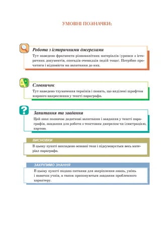 УМОВНІ ПОЗНАЧКИ:
Робота з історичними джерелами
Тут наведено фрагменти різноманітних матеріалів (уривки з істо­
ричних документів, спогадів очевидців подій тощо). Потрібно про­
читати і відповісти на запитання до них.
Словничок
Тут наведено тлумачення термінів і понять, що виділені шрифтом
жирного накреслення у тексті параграфа.
З Запитання та завдання
Цей знак позначає додаткові запитання і завдання у тексті пара­
графів, завдання для роботи з текстовим джерелом чи ілюстрацією,
картою.
ВИСНОВКИ
В цьому пункті викладено основні тези і підсумовується весь мате­
ріал параграфа.
ЗАКРІПИМО ЗНАННЯ
В цьому пункті подано питання для закріплення знань, умінь
і навичок учнів, а також пропонуються завдання проблемного
характеру.
 