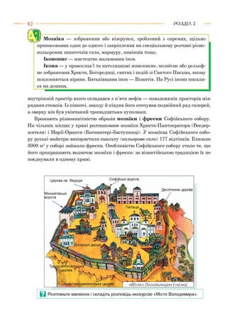 8 2 Р О З Д ІЛ 2
4 І Мозаїка — зображення або візерунок, зроблений з окремих, щільно
припасованих один до одного і закріплених на спеціальному розчині різно­
кольорових шматочків скла, мармуру, камінців тощо.
Іконопис — мистецтво малювання ікон.
Ікона — у православ’ї та католицизмі живописне, мозаїчне або рельєф­
не зображення Христа, Богородиці, святих і подій зі Святого Письма, якому
поклоняються віряни. Батьківщина ікон — Візантія. На Русі ікони писали­
ся на дошках.
внутрішній простір якого складався з п’яти нефів — повздовжніх просторів між
рядами стовпів. Із півночі, заходу й півдня його оточував подвійний ряд галерей,
а зверху він був увінчаний тринадцятьма куполами.
Вражають різноманітністю образів мозаїки і фрески Софійського собору.
На чільних місцях у храмі розташоване мозаїки Христа-Пантократора (Вседер­
жителя) і Марії-Оранти (Богоматері-Заступниці). У мозаїках Софійського собо­
ру руські майстри використали смальту (кольорове скло) 177 відтінків. Близько
3000 м2у соборі займали фрески. Особливістю Софійського собору стало те, що
його прикрашають водночас мозаїки і фрески: за візантійською традицією їх не
поєднували в одному храмі.
Палаци
.^Боярські двори.
хсвяіитед^сі
□церква н
і-1-.!’ - 11
іестовоздвиженська церква «М істо Володимира» (схема)
Церква св. Федора
Михайлівські
ворота
Софійські ворота
Десятинна церква
В Розгляньте малюнок і складіть розповідь-екскурсію «Місто Володимира».
 