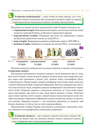 Виникнення і становлення Русі-України
Історична періодизація — поділ історії на певні періоди, що є істо­
ричними етапами суспільного або культурного розвитку країн та народів
і характеризуються визначними подіями, явищами або процесами.
Відповідно до чинної сьогодні періодизації історію України поділяють на:
• стародавню історія. Найтриваліший період, що охоплює події від появи
людей на території України до Великого переселення народів;
• середньовічну історію. Розповідає про події, що відбувалися в період
від Великого розселення слов’ян до кінця XV ст.;
• нову історію. Характеризує розвиток українських земель у ХУІ-ХІХ ст.;
• новітню історію. Знайомить із подіями від початку XX ст. до сьогодення.
1 млн р.
стародавня середньовічна нова
історія історія історія
НОВІТНЯ
історія
Пізнання минулого відбувається на основі вивчення й аналізу дослідниками
історичних джерел.
Досліджуючи різноманітні історичні джерела, вчені дізнаються про те, яким
було життя людей у певні історичні періоди. Існують різні типи історичних дже­
рел, серед яких основними є речові, усні, писемні, мовні, етнографічні, фото-
і кінодокументи. Кожне окреме джерело відображає лише певну грань минулого
і містить обмежений обсяг історичної інформації. Оскільки творцями всіх пам’я­
ток минулого були люди, історичні джерела відображають їхнє бачення і сприй­
няття подій. Історичне джерело є свідченням минулого, як і будь-який свідок,
щось недоговорює, про щось не знає, іноді просто вводить в оману. Унаслідок
цього повну картину життя людей у певний період можна відтворити лише спо­
собом поєднання і порівняння інформації з різних історичних джерел, їх критич­
ного аналізу. Завдання історика — так поставити запитання до джерела, щоб
більше дізнатися і в той же час не стати жертвою обману.
Середньовічну історію України досліджують за речовими, писемними, усни­
ми, мовними та етнографічними історичними джерелами.
О Історичні джерела — все створене в процесі діяльності людини, збе­
режене до наших днів, що дозволяє вивчати минуле людського суспіль­
ства і відображає його історичний розвиток.
 
