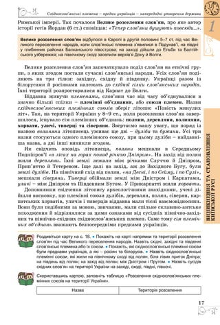 17
1
Виникненнятастановлення
київськоїрусі
Східнослов’янські племена – предки українців – напередодні утворення держави
Римської імперії. Так почалося Велике розселення слов’ян, про яке автор
історії готів Йордан (6 ст.) сповіщав: «Тепер слов’яни бушують повсюди…».
Велике розселення слов’ян відбулося в Європі в другій ­половині 5–7 ст. під час Ве­
ликого переселення народів, коли слов’янські племена з’явилися в Подунав’ї, на півдні
у  глибинних районах Балканського півострова; на заході дійшли до Ельби та Балтій­-
сь­кого узбережжя; на північному сході заселили верхів’я Дону й Волги.
Велике розселення слов’ян започаткувало поділ слов’ян на етнічні гру­
пи, з яких згодом постали сучасні слов’янські народи. Усіх слов’ян поді­
ляють на три гілки: західну, східну й південну. Українці разом із
білорусами й росіянами належать до східної гілки слов’янських народів.
Їхні території розпросторилися від Карпат до Волги.
Віддавна живучи племенами, слов’яни час від часу об’єднувалися в
значно більші спілки – племінні об’єднання, або союзи племен. Назви
східнослов’янських племінних союзів зберіг літопис «Повість минулих
літ». Так, на території України у 8–9 ст., коли розселення слов’ян завер­
шилося, існувало сім племінних об’єднань: поляни, деревляни, волиняни,
хорвати, уличі, тиверці та сіверяни. Звертаємо вашу увагу, що поряд із
назвою волиняни літописець уживає ще дві – дуліби та бужани. Усі три
назви стосуються одного племінного союзу, при цьому дуліби – найдавні­
ша назва, а дві інші виникли згодом.
Як свідчить оповідь літописця, поляни мешкали в Середньому
Подніпров’ї «в лісах на горах понад річкою Дніпром». На захід від полян
жили деревляни. Їхні землі лежали між річками Случчю й Дніпром,
Прип’яттю й Тетеревом. Іще далі на захід, аж до Західного Бугу, були
землі дулібів. На північний схід від полян, «на Десні, і по Сейму, і по Сулі»,
мешкали сіверяни. Тиверці обіймали землі між Дністром і Карпатами,
уличі – між Дніпром та Південним Бугом. У Прикарпатті жили хорвати.
Доповнивши свідчення літопису археологічними знахідками, учені ді­
йшли висновку, що племінні союзи дулібів, деревлян, полян, сіверян, кар­
патських хорватів, уличів і тиверців віддавна мали тісні взаємовідносини.
Вони були подібними за мовою, звичаями, мали спільне склавино-антське
походження й відрізнялися за цими ознаками від сусідніх північно-захід­
них та північно-східних східнослов’янських племен. Саме тому сім племін-
них об’єднань вважають безпосередніми предками українців.
Роздивіться карту на с. 18. ● Покажіть на карті напрямки та території розселення
слов’ян під час Великого переселення народів. Назвіть східні, західні та південні
слов’янські племена або їх союзи. ● Покажіть, які східнослов’янські племінні союзи
були предками українців, а які – росіян та білорусів. ● Назвіть східнослов’янські
племінні союзи, які жили на північному сході від полян, біля лівих приток Дніпра;
на південь від полян; на захід від полян; між Дністром і Прутом. ● Назвіть сусідів
східних слов’ян на території України на заході, сході, півдні, півночі.
Скориставшись картою, заповніть таблицю «Розселення східнослов’янських пле-
мінних союзів на території України».
Назва Територія розселення
 