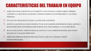 CARACTERISTICAS DEL TRABAJO EN EQUIPO
1. SABEN ESCUCHAR, PARTICIPAN ACTIVAMENTE Y ESCUCHAN DE LA MISMA FORMA, PRIMERO
ATIENDEN A LO QUE DICEN LOS DEMÁS Y DESPUÉS APORTAN, NO INTERRUMPEN A LAS OTRAS
PERSONAS.
2. ES CAPAZ DE CREAR IDEAS EN BASE A LAS IDEAS DE LOS DEMÁS.
3. ACEPTAN LAS CRÍTICAS, SI SON CONSTRUCTIVAS, SI NO SABEMOS APRENDER DE OTROS, APORTAR Y
RECONOCER LOS PUNTOS DÉBILES DIFÍCILMENTE NOS ADAPTAREMOS A CUALQUIER GRUPO.
4. BUSCAN SOLUCIONES, APORTAN IDEAS, SE ADAPTAN A LOS CAMBIOS DE MANERA QUE PUEDEN
SOLVENTAR CUALQUIER IMPREVISTO.
5. DEBEN SER PERSONAS RESPONSABLES QUE DAN EL 100% EN SU TRABAJO, TIENEN
RESPONSABILIDADES,
 