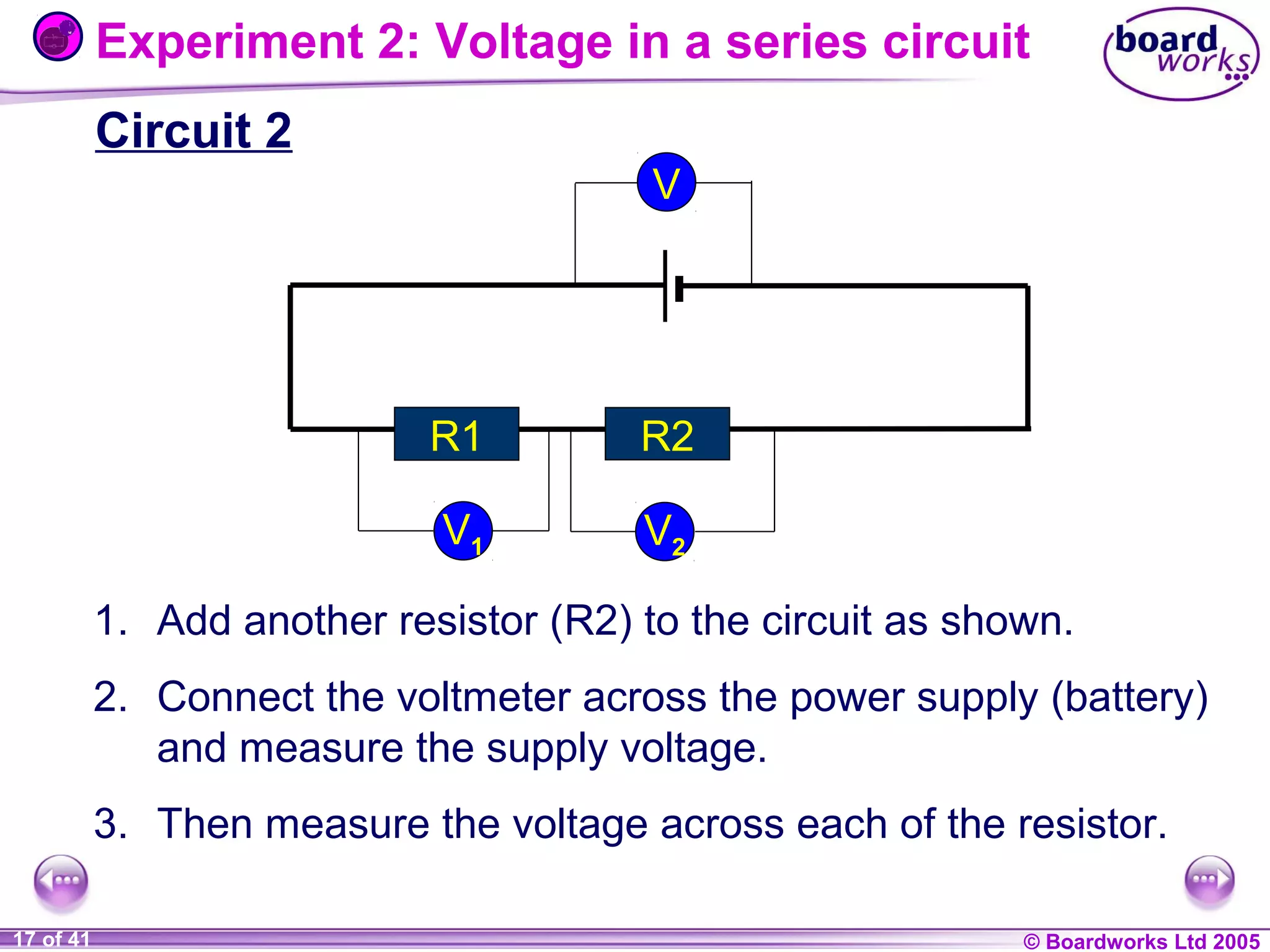 Experiment 2: Voltage in a series circuit
Circuit 2
V

R1

R2

V1

V2

1. Add another resistor (R2) to the circuit as shown.
2. Connect the voltmeter across the power supply (battery)
and measure the supply voltage.
3. Then measure the voltage across each of the resistor.
1 of 20
17 of 41

© Boardworks Ltd 2004
2005

 