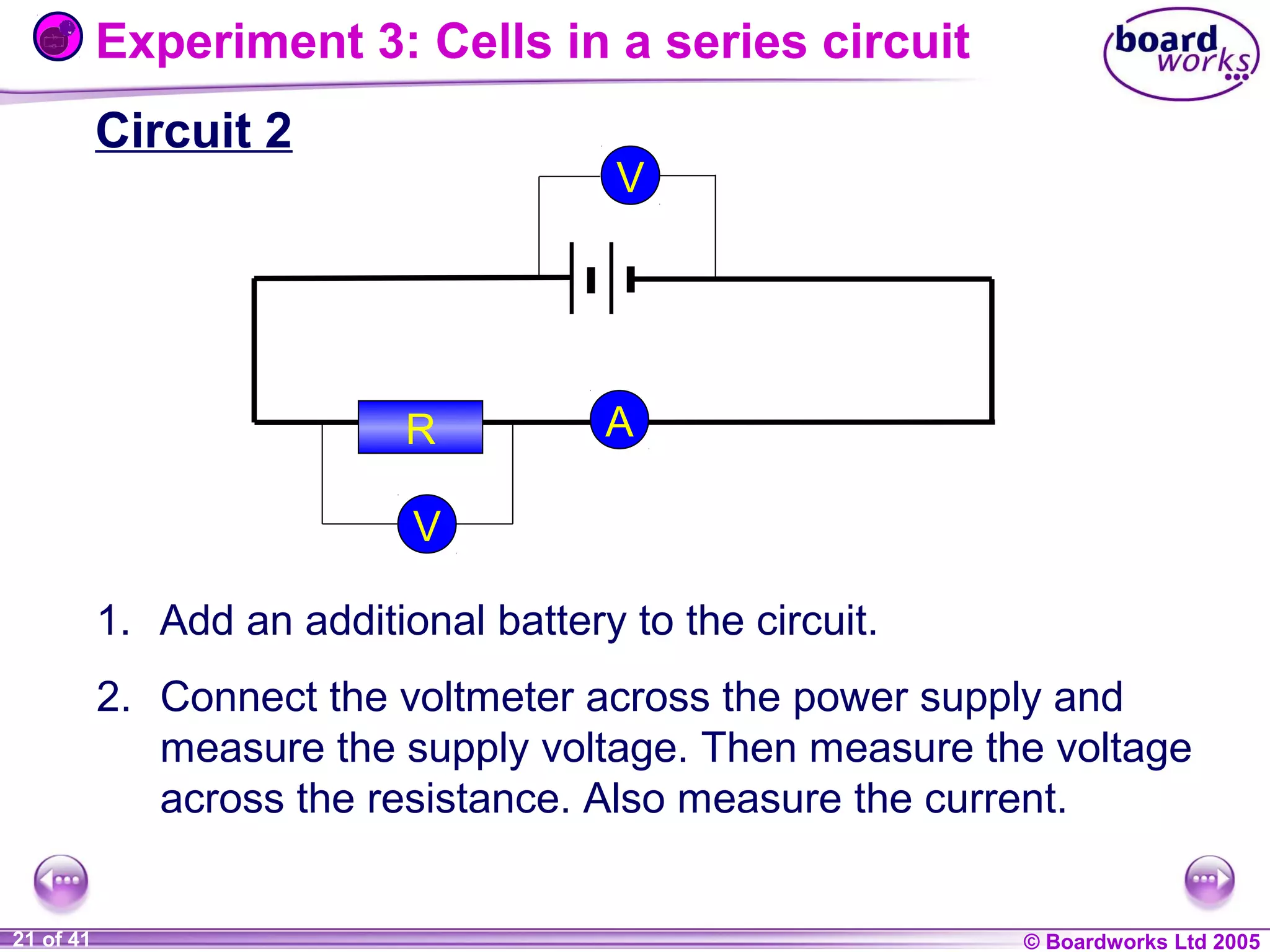 Experiment 3: Cells in a series circuit
Circuit 2

V

R

A

V
1. Add an additional battery to the circuit.
2. Connect the voltmeter across the power supply and
measure the supply voltage. Then measure the voltage
across the resistance. Also measure the current.
1 of 20
21 of 41

© Boardworks Ltd 2004
2005

 