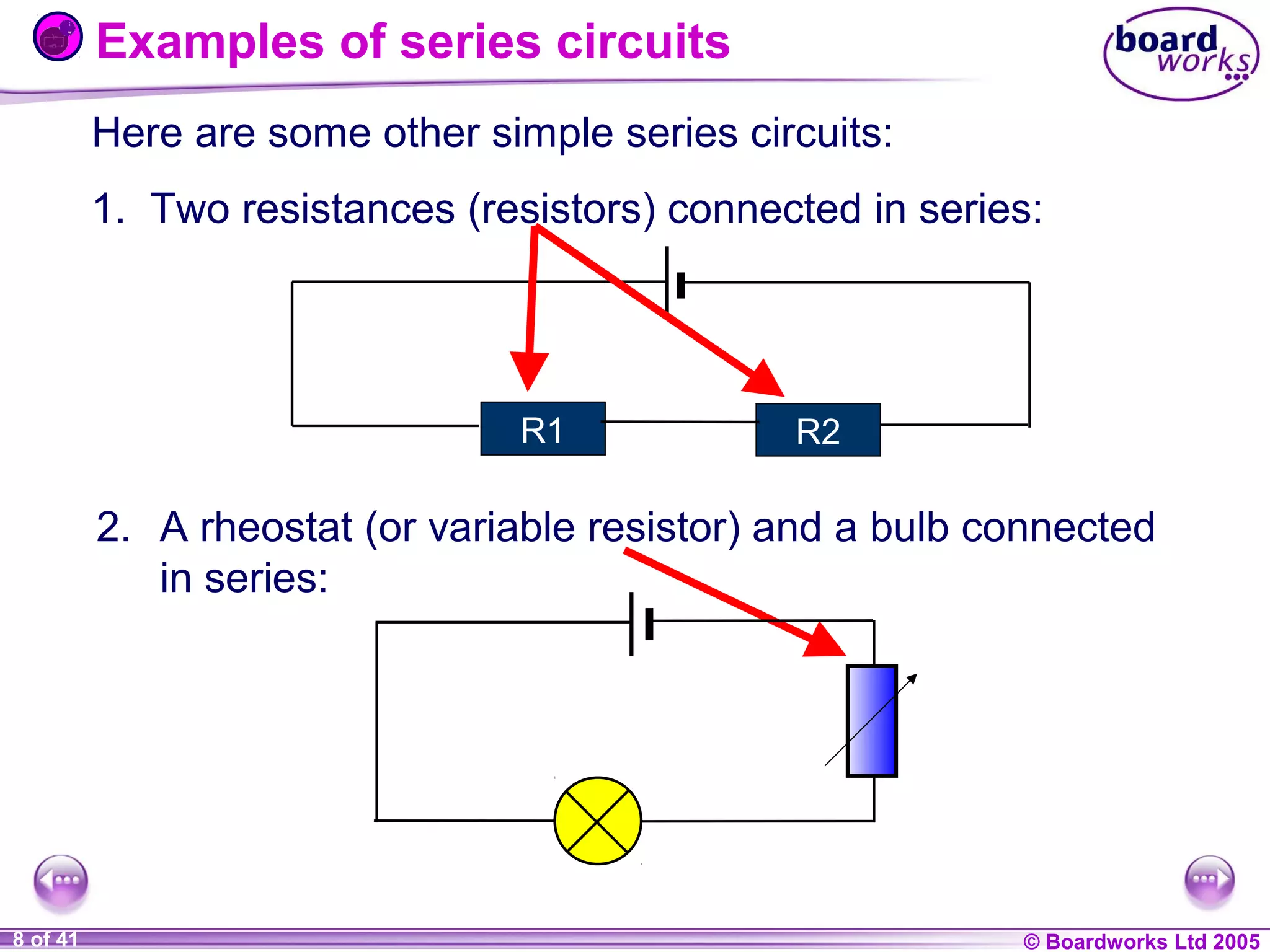 Examples of series circuits
Here are some other simple series circuits:
1. Two resistances (resistors) connected in series:

R1

R2

2. A rheostat (or variable resistor) and a bulb connected
in series:

1 of 41
20
8

© Boardworks Ltd 2004
2005

 
