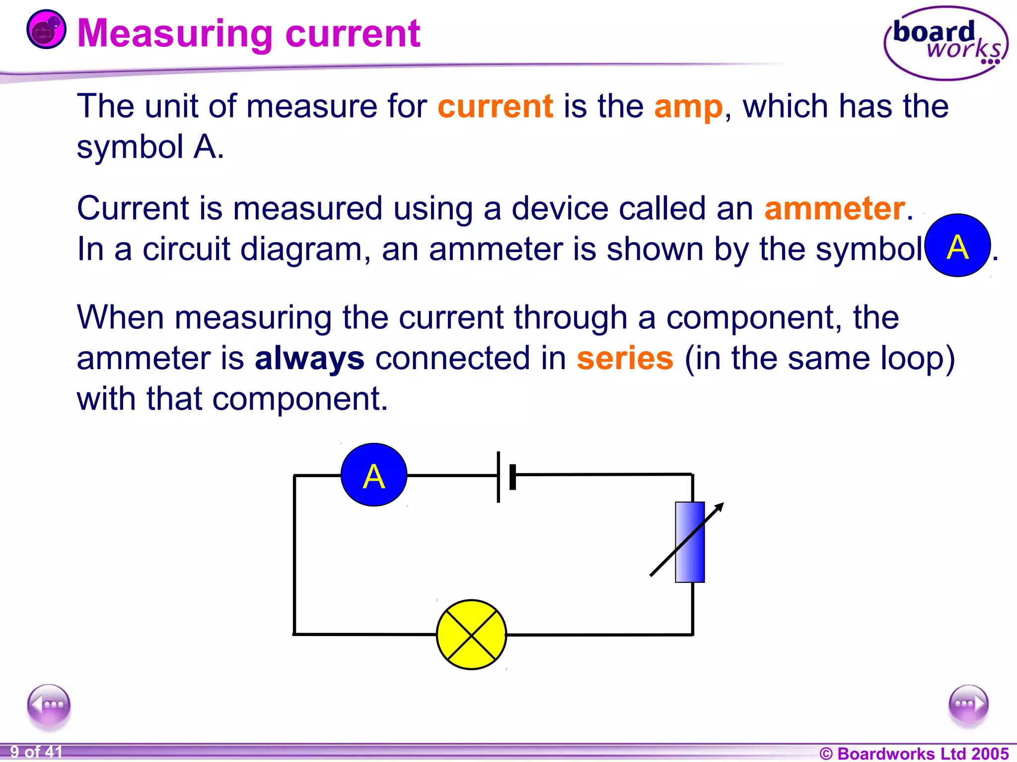 Measuring current
The unit of measure for current is the amp, which has the
symbol A.
Current is measured using a device called an ammeter.
In a circuit diagram, an ammeter is shown by the symbol A .
When measuring the current through a component, the
ammeter is always connected in series (in the same loop)
with that component.
A

1 of 41
20
9

© Boardworks Ltd 2004
2005

 
