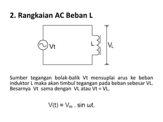2. Rangkaian AC Beban L
Sumber tegangan bolak-balik Vt mensuplai arus ke beban
induktor L maka akan timbul tegangan pada beban sebesar VL.
Besarnya Vt sama dengan VL atau Vt = VL.
 