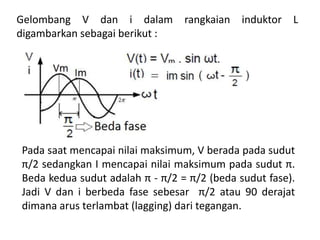 Gelombang V dan i dalam rangkaian induktor L
digambarkan sebagai berikut :
Pada saat mencapai nilai maksimum, V berada pada sudut
π/2 sedangkan I mencapai nilai maksimum pada sudut π.
Beda kedua sudut adalah π - π/2 = π/2 (beda sudut fase).
Jadi V dan i berbeda fase sebesar π/2 atau 90 derajat
dimana arus terlambat (lagging) dari tegangan.
 