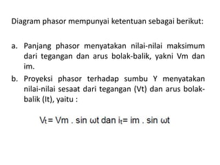Diagram phasor mempunyai ketentuan sebagai berikut:
a. Panjang phasor menyatakan nilai-nilai maksimum
dari tegangan dan arus bolak-balik, yakni Vm dan
im.
b. Proyeksi phasor terhadap sumbu Y menyatakan
nilai-nilai sesaat dari tegangan (Vt) dan arus bolak-
balik (It), yaitu :
 