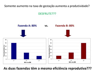 Somente aumento na taxa de gestação aumenta a produtividade?
DESFRUTE???
Fazenda A: 80% vs. Fazenda B: 80%
As duas fazendas têm a mesma eficiência reprodutiva???
 