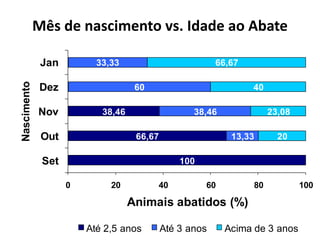 Mês de nascimento vs. Idade ao Abate
100
66,67
38,46
13,33
38,46
60
33,33
20
23,08
40
66,67
0 20 40 60 80 100
Set
Out
Nov
Dez
Jan
Animais abatidos (%)
Nascimento
Até 2,5 anos Até 3 anos Acima de 3 anos
 