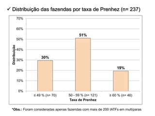  Distribuição das fazendas por taxa de Prenhez (n= 237)
30%
51%
19%
0%
10%
20%
30%
40%
50%
60%
70%
≤ 49 % (n= 70) 50 - 59 % (n= 121) ≥ 60 % (n= 46)
Distribuição
Taxa de Prenhez
*Obs.: Foram consideradas apenas fazendas com mais de 200 IATFs em multíparas
 