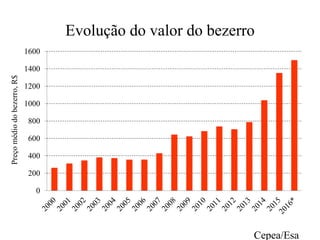 Evolução do valor do bezerro
0
200
400
600
800
1000
1200
1400
1600
Preçomédiodobezerro,R$
Cepea/Esa
 