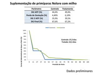 Parâmetro Controle Tratamento
DG IATF (%) 44,4% 49,4%
Perda de Gestação (%) 4,40% 6,10%
DG 2 IATF (%) 35,9% 39,5%
DG Final (%) 67,6% 67,2%
Suplementação de primíparas Nelore com milho
Dados preliminares
0%
10%
20%
30%
40%
50%
60%
70%
80%
90%
100%
0 11 27 37 53 54 57 61 65 75 78 82 85 88 90 105
CurvadeSobrevivênciadeVacasaParir(%)
Previsão de Parto
Tratamento Controle
Controle: 27,2 dias
Tratado: 22,5 dias
 