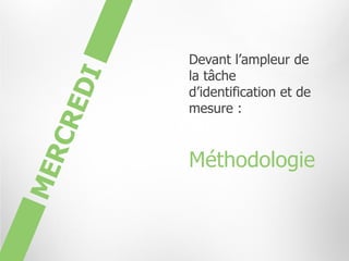 Devant l’ampleur de
la tâche
d’identification et de
mesure :



Méthodologie
 