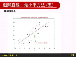 12 NumPy 套件(二)
迴歸直線：最小平方法 (五)
23
輸出的圖形為:
 