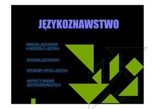  JĘZYKOZNAWSTWO 
WIEDZA JĘZYKOWA
A WIEDZA O JĘZYKU




SPOSOBY OPISU JĘZYKA


ASPEKTY BADAŃ
JĘZYKOZNAWCZYCH




   1
 