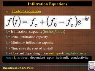 a) Horton’s equation :
ft= Infiltration capacity(inches/hour)
f0= Initial infiltration capacity.
fc= Minimum infiltration capacity.
t = Time since the start of rainfall.
k = Constant depending upon soil type & vegetable cover.
Note : fc is direct dependent upon hydraulic conductivity.
Infiltration Equations
Department of CEN, PCIU
 