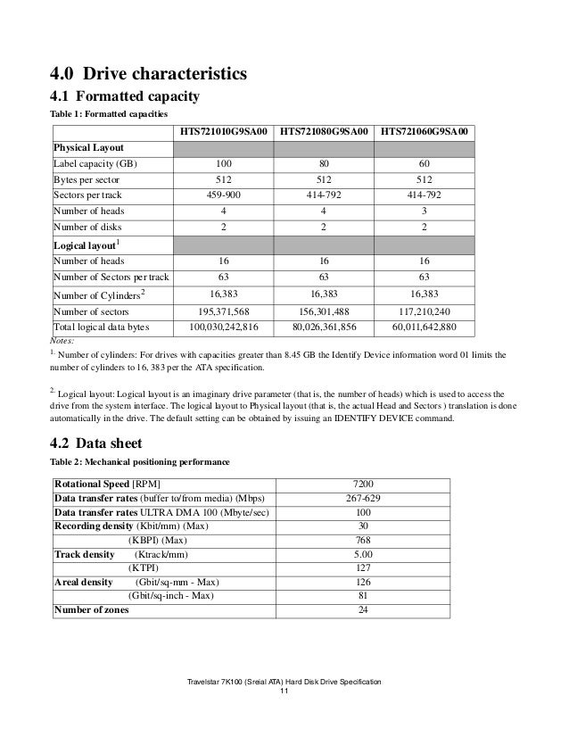hard disk drive specification travelstar 7k100