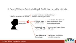 II. Georg Wilhelm Friedrich Hegel: Dialéctica de la Conciencia
percepción
¿Qué es la manzana (el objeto)?
Tesis: lo que dicen
los sentidos
La manzana son los datos
sensible que percibo
Antítesis: lo que
dice su definición
La manzana es lo que dice su
definición
Síntesis: lo que
dice la ciencia
La manzana es el conjunto de
datos sensibles que tienen
propiedad universales
Lo que es la manzana (el objeto) incluye
la tesis, la antítesis, y La síntesis
DOCENTE: Miguel Ángel Nación Pantigoso
 