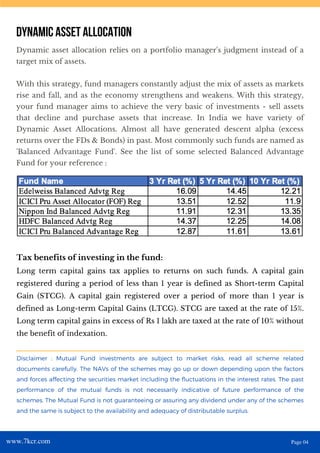 Dynamic asset allocation relies on a portfolio manager's judgment instead of a
target mix of assets.
With this strategy, fund managers constantly adjust the mix of assets as markets
rise and fall, and as the economy strengthens and weakens. With this strategy,
your fund manager aims to achieve the very basic of investments - sell assets
that decline and purchase assets that increase. In India we have variety of
Dynamic Asset Allocations. Almost all have generated descent alpha (excess
returns over the FDs & Bonds) in past. Most commonly such funds are named as
'Balanced Advantage Fund'. See the list of some selected Balanced Advantage
Fund for your reference :
DYNAMIC ASSET ALLOCATION
Long term capital gains tax applies to returns on such funds. A capital gain
registered during a period of less than 1 year is defined as Short-term Capital
Gain (STCG). A capital gain registered over a period of more than 1 year is
defined as Long-term Capital Gains (LTCG). STCG are taxed at the rate of 15%.
Long term capital gains in excess of Rs 1 lakh are taxed at the rate of 10% without
the benefit of indexation.
Tax benefits of investing in the fund:
Disclaimer : Mutual Fund investments are subject to market risks, read all scheme related
documents carefully. The NAVs of the schemes may go up or down depending upon the factors
and forces affecting the securities market including the fluctuations in the interest rates. The past
performance of the mutual funds is not necessarily indicative of future performance of the
schemes. The Mutual Fund is not guaranteeing or assuring any dividend under any of the schemes
and the same is subject to the availability and adequacy of distributable surplus.
www.7kcr.com Page 04
 