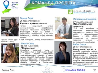 12Линник А.И. http://kera-tech.biz
Линник Анна
25 года (Кемерово)
Идеолог и руководитель
Человек получивший штамм
микроорганизмов, разработавший
концепцию технологии переработки и
биопрепарат. Имеет 32 статей с
результатами исследований, в их числе
зарубежные, 2 заявки на выдачу патента и
1 патент.
Шишко Ольга
25 лет (Кемерово)
PR-менеджер
Разработка концепций, связь с
общественностью и партнерами. Входит
в состав группы победителей
транснационального конкурса в рамках
проекта ЭРАНЕТ EuroTransBio. Отличное
знание иностранных языков позволяет
проводить переговоры с партнерами на
высоком уровне и подписывать
международные договоры.
Бабич Ольга
28 лет (Кемерово)
Консультант проекта
Является директором Научно-
исследовательского института
биотехнологии, обладает
обширным опытом разработки
и координации инновационных
проектов. Обеспечивает проект
необходимыми ресурсами для
развития и продвижения.
Изгарышев Александр
27 года (Кемерово)
Исполнительный
директор
Есть опыт внедрения и
реализации инновационной
деятельности : директор ООО
«МКС» - «Инновационный
бизнес» - ООО «МКС»
предприятие по выпуску
продуктов питания в
регулируемой газовой среде
Прошла бизнес курсы от РБК на форуме Селигер, Лаврентьевский
прорыв, COMAP.
 