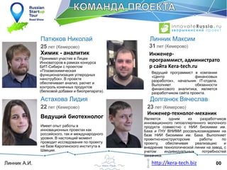 00Линник А.И. http://kera-tech.biz
Астахова Лидия
22 лет (Кемерово)
Ведущий биотехнолог
Имеет опыт работы в
инновационных проектах как
российского, так и международного
уровня. В настоящий момент
проводит исследования по проекту
на базе Каролинского института в
Швеции.
Долганюк Вячеслав
23 лет (Кемерово)
Инженер-технолог-механик
Патюков Николай
25 лет (Кемерово)
Химик - аналитик
Линник Максим
31 лет (Кемерово)
Инженер-
программист, администрато
р сайта Kera-tech.ru
Ведущий программист в компании
«Центр финансовых
разработок», начальник IT-отдела.
Выполняет обязанности
финансового аналитика, является
разработчиком сайта проекта.
Является одним из разработчиков
инновационного гипоаллергенного молочного
продукта совместно с НИИ биохимии им.
Баха и ГНУ ВНИМИ россельхозакадемии на
базе НИИ биохимии им. Баха. Выполняет
проектно-конструкторские работы по
проекту, обеспечивая реализацию и
внедрение технологической линии на завод, с
учетом индивидуальных потребностей
заказчика.
Принимал участие в Лицее
Инноваторов в рамках конкурса
БИТ-Сибири с проектом
«Плазмохимическая
функционализация углеродных
нанотрубок». В проекте
обеспечивает анализ, расчет и
контроль конечных продуктов
(белковой добавки и биопрепарата).
 