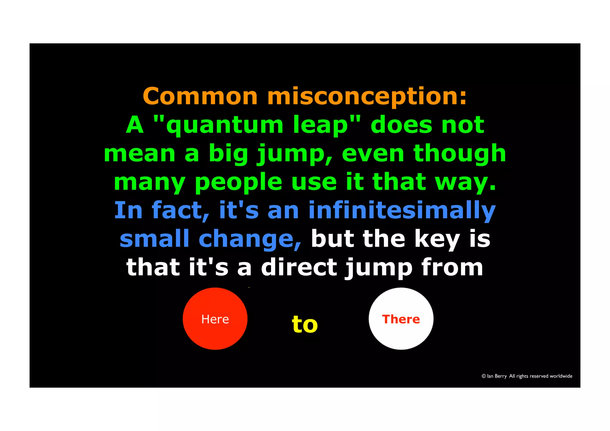Common misconception: 
A "quantum leap" does not 
mean a big jump, even though 
many people use it that way. 
In fact, it's an infinitesimally 
small change, but the key is 
that it's a direct jump from 
to 
© Ian Berry All rights reserved worldwide 
 
