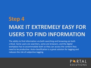 MAKE IT EXTREMELY EASY FOR
USERS TO FIND INFORMATION
Step 4
The ability to find information via both searching and browsing are both
critical. Some users are searchers, some are browsers, and the digital
workplace has to accommodate both so they can access the content they
need to be productive. Auto-classification is a great solution for tagging and
reduces the risk of subjective tagging.
 