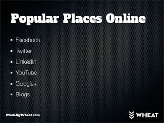 Popular Places Online
    Facebook
    Twitter
    LinkedIn
    YouTube
    Google+
    Blogs


MadeByWheat.com
 