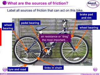 What are the sources of friction?
Label all sources of friction that can act on this bike.
brake pad
and rim
wheel
bearing

pedal bearing
wheel bearing
air resistanceProbably
One more? or “drag”
the most important…

tyre and road
1 of 20
11 of 27

links in chain
© Boardworks Ltd 2004
2006

 