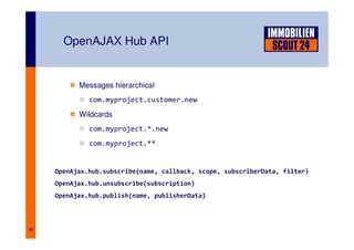 36
OpenAJAX Hub API
Messages hierarchical
com.myproject.customer.new
Wildcards
com.myproject.*.new
com.myproject.**
OpenAj...