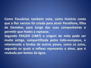 Como Pausânias também nota, outra história conta
que a flor narciso foi criada para atrair Perséfone, filha
de Deméter, para longe das suas companheiras e
permitir que Hades a raptasse.
Segundo FRAZER (1887) a origem do mito pode ser
muito antiga, compartilhada pelos indo-europeus, e
relacionada a lendas de outros povos, como os zulus,
segundo os quais o reflexo representa a alma, que é
roubada por bestas da água.
 