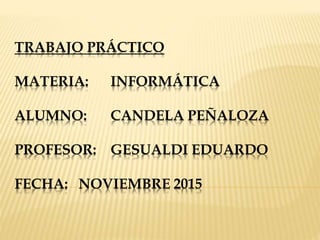 TRABAJO PRÁCTICO
MATERIA: INFORMÁTICA
ALUMNO: CANDELA PEÑALOZA
PROFESOR: GESUALDI EDUARDO
FECHA: NOVIEMBRE 2015