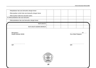 Kriteria Ketuntasan Minimal (KKM)
- Menjelaskan tata cara berwudhu dengan benar
- Menunjukkan contoh tata cara berwudhu dengan benar
- Menunjukkan hafal doa sesudah wudhu
9.2 Mempraktekkan tata cara berwudhu
- Mempraktekkan tata cara berwudhu dengan benar
RATA-RATA
RATA-RATA KESELURUHAN
Mengetahui, ………………………, 20…….
Kepala Sekolah SD/MI Guru Mata Pelajaran
………………………….. ……………………………
NIP. NIP.
27
 